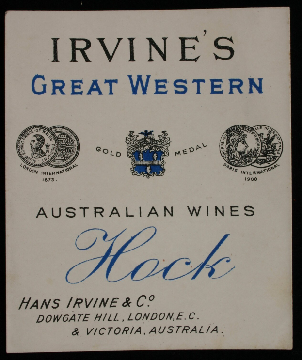 Plakat, das Irvines großartige australische Weine bewirbt, mit dem Firmenlogo und einer Aufzählung von Weinarten.