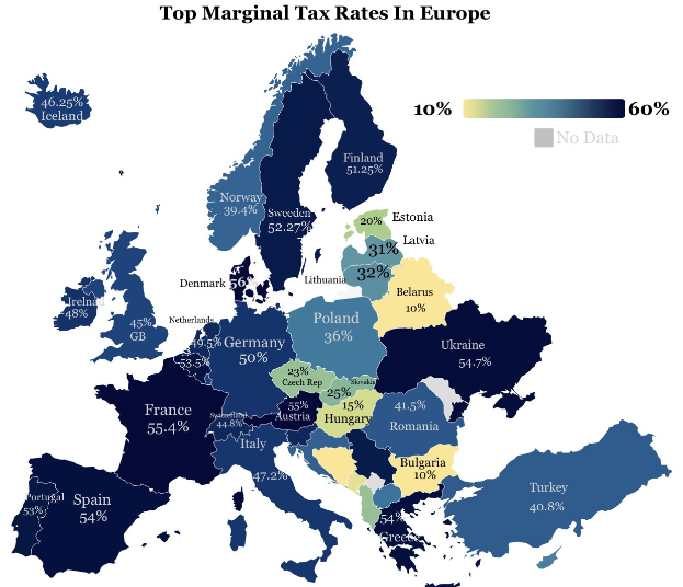 Eine Europa-Karte, die die höchsten Grenzsteuersätze pro Land anzeigt, mit der Überschrift "Höchste Grenzsteuersätze in Europa".
