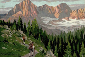 Zwei Menschen beim Wandern auf einem Berg mit Rucksäcken, umgeben von Bäumen, Hügeln und einem bewölkten Himmel, mit Text unten.