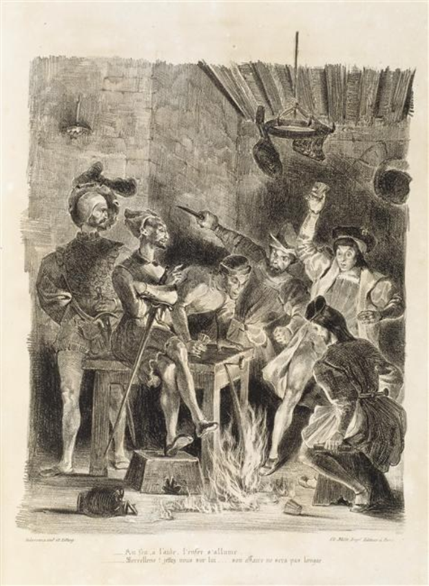 Schwarze und weiße Gravur, die eine Gruppe von besorgten Menschen zeigt, die sich um ein Feuer scharen, wobei einige am Boden liegen und andere stehen, vor einer Wand; die Bildunterschrift lautet "Der Tod des Königs von England."