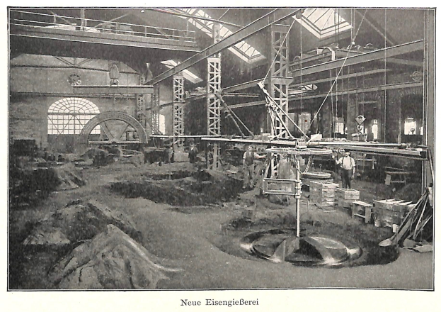 Schwarzes und weißes Foto einer Fabrikhalle mit Arbeitern, die an einer Maschine arbeiten, umgeben von Metallstangen und -pfählen, beschriftet mit 'Neue Eisenglebeerei, die erste Fabrik in Deutschland' unten.