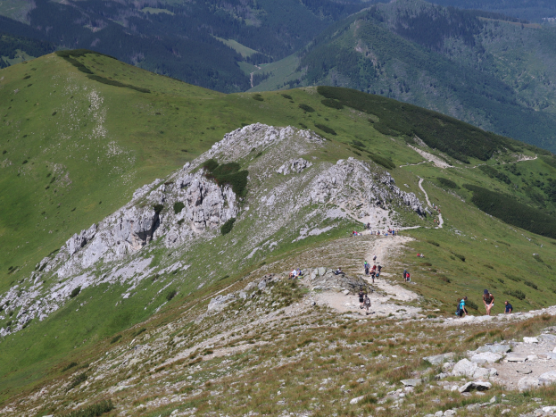 Gruppe von Menschen beim Wandern auf einem Berg mit grünem Gras und steinigem Gelände, Himmel im Hintergrund sichtbar.