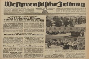 Schwarze-weißer Titelseite einer deutschen Zeitung vom 13. November 1939, betitelt "Weitpreubliche Zeitung", zeigt eine Gruppe von Menschen in traditioneller deutscher Tracht in einer feierlichen Umgebung.