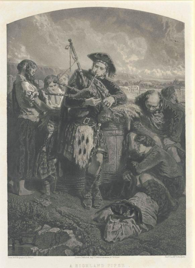 Schwarz-weißes Gravur eines Mannes, der vor einer Gruppe von Menschen eine Dudelsack spielt, mit dem Text "Ein Highland-Pfeifen" unten.