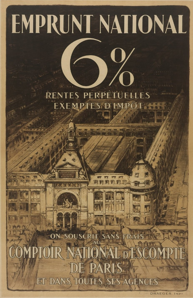 Plakat mit einem hellblauen Hintergrund, das ein zweistöckiges Gebäude mit einem roten Dach und weißen Wänden zeigt und mittig in fetter schwarzer Schrift den Text "emprunt national 6% - rentes perpetuelles exemptes impot" enthält.