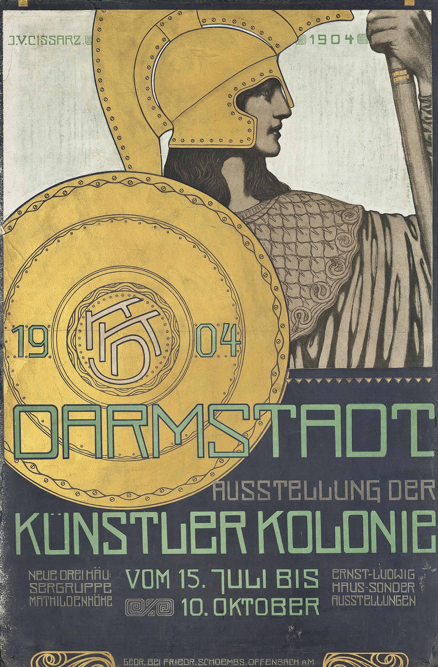 Plakat für ein 1904er Berlin-Konzert mit einem Helmträger, der ein Schild hält, und "Darmstadt" und "Künstler Kolonie" in fetter Schrift.