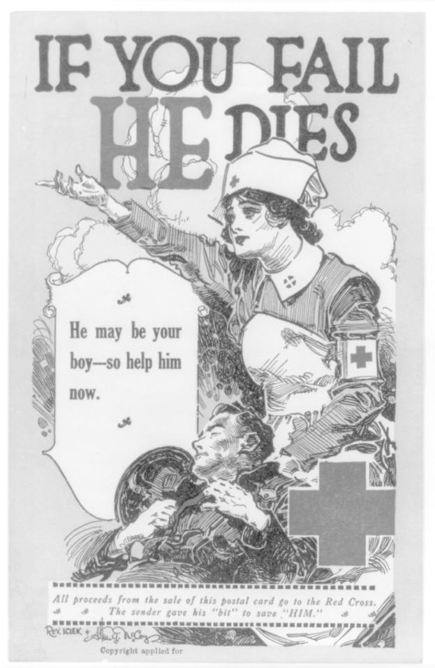 Schwarzes und weißes Plakat mit einer entschlossenen Frau und einem besorgten Mann mit dem Text "Wenn du scheiterst, stirbt er, er könnte dein Junge sein - also hilf ihm jetzt" darüber.