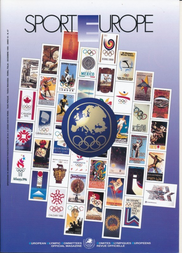 Ein Buchumschlag mit dem Titel "Sporting Europe", der farbenfrohe Bilder und Texte zum Thema Olympische Spiele in Europa zeigt.