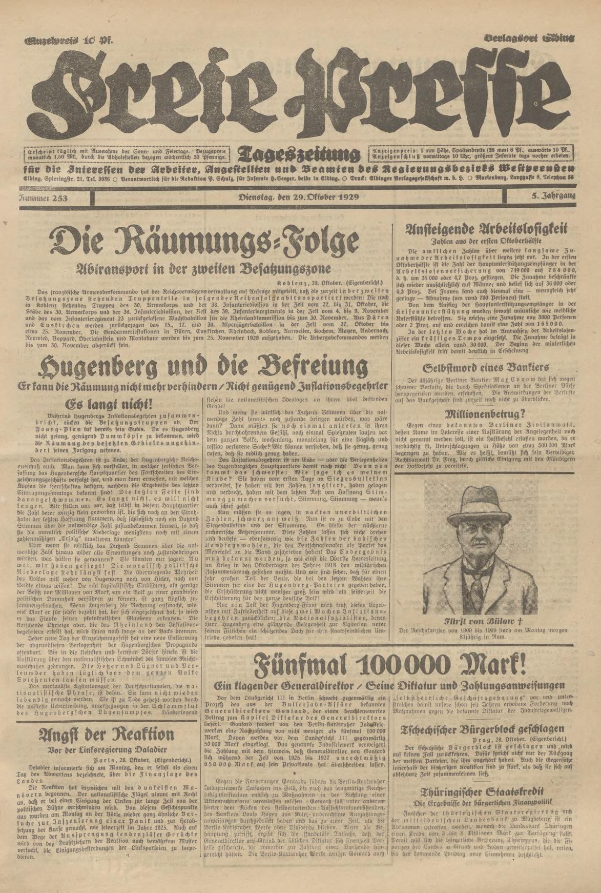 Alte deutsche Zeitung vom 29. September 1929 mit der Schlagzeile "Sugenberg und die Defreiung" mit einem Schwarz-Weiß-Foto eines Mannes im Anzug und Krawatte mit ernstem Gesichtsausdruck.