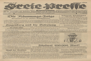 Alte deutsche Zeitung vom 29. September 1929 mit der Schlagzeile "Sugenberg und die Defreiung" mit einem Schwarz-Weiß-Foto eines Mannes im Anzug und Krawatte mit ernstem Gesichtsausdruck.