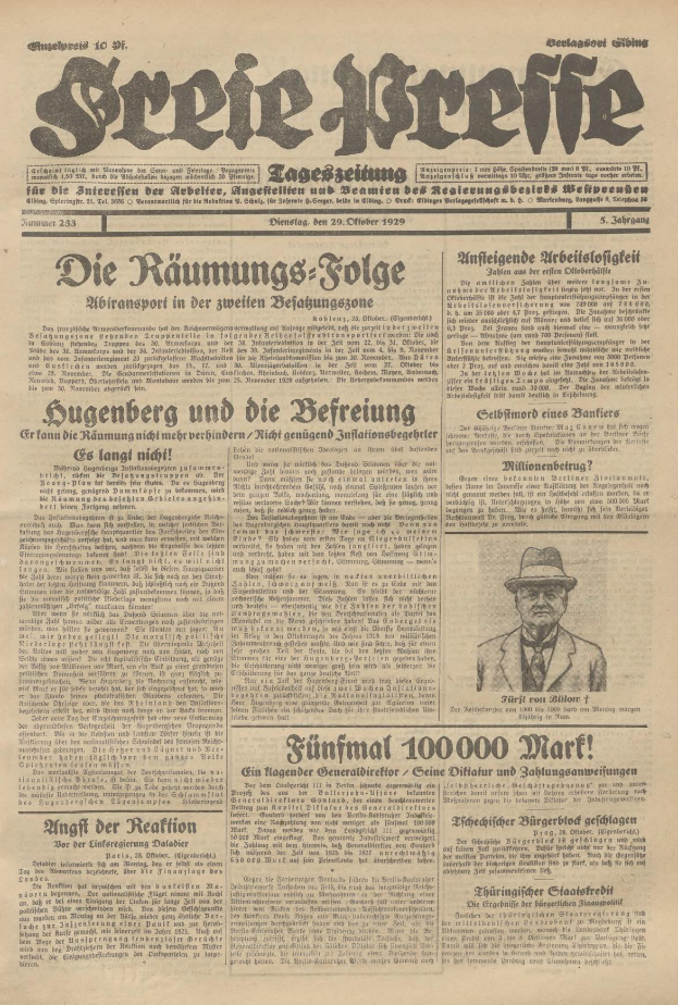 Alte deutsche Zeitung vom 29. September 1929 mit der Schlagzeile "Sugenberg und die Defreiung" mit einem Schwarz-Weiß-Foto eines Mannes im Anzug und Krawatte mit ernstem Gesichtsausdruck.