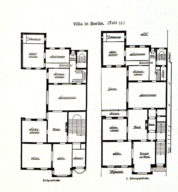 Schwarzes und weißes Architekturdiagramm eines Berliner Hauses mit Etagenplan und beschrifteten Zimmern, Fenstern und Türen.