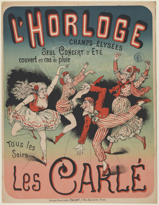 Plakat für ein Konzert im Chorlage in Paris mit einer Gruppe von Menschen, die in bunten Kostümen tanzen und strahlende Gesichter haben, umgeben von fetter Schrift auf einem hellgelben Hintergrund.
