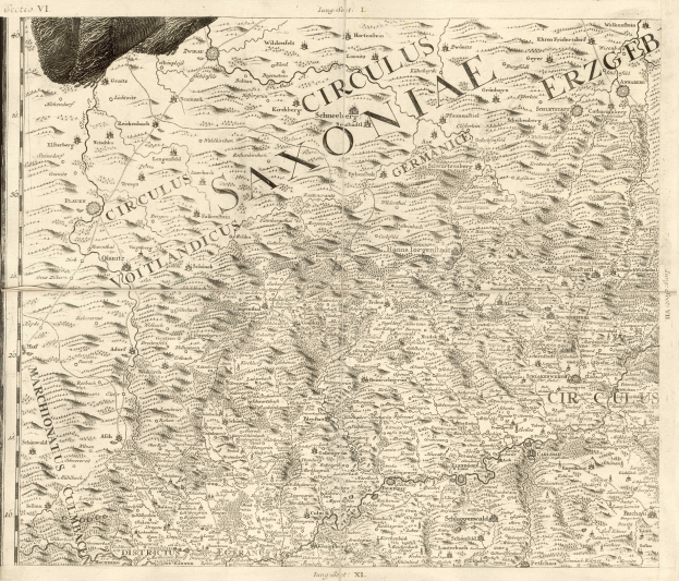 Detailierte alte Karte von Sachsen, Deutschland, die geografische Merkmale wie Flüsse, Berge und Städte zeigt, mit begleitendem Text über die Region und ihre Bewohner.