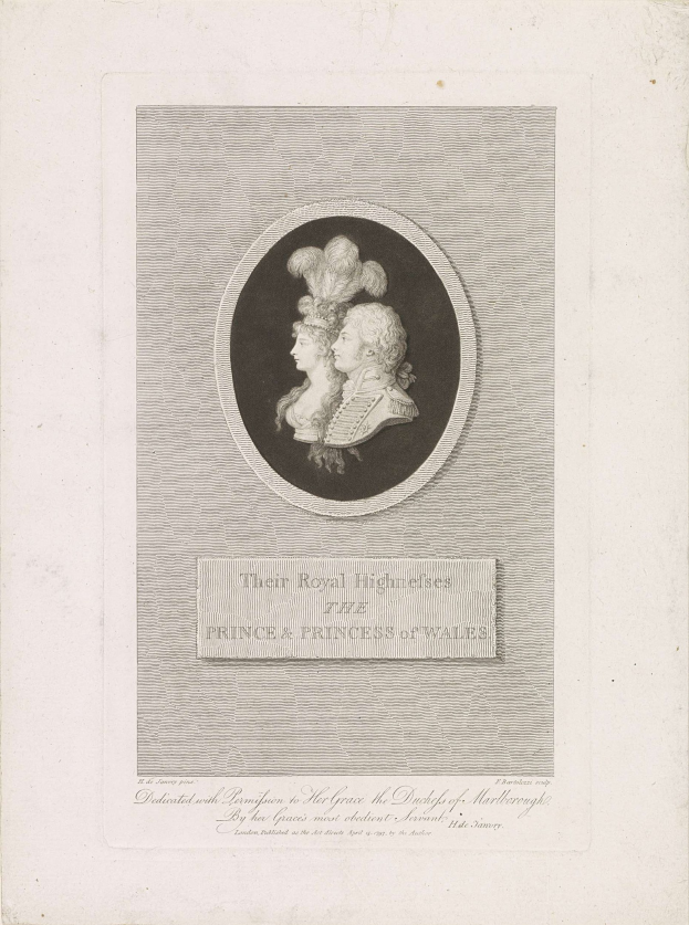 Schwarzes-weisses Bild eines Papiers mit einem Foto des Prinzen und der Prinzessin von Wales neben dem Text.