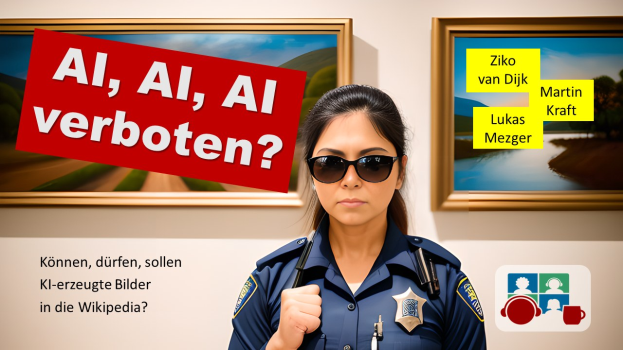 Frau in Polizeiuniform und Sonnenbrille vor einer Wand mit zwei Fotorahmen und bearbeitetem Text, der "AI, AI, AI Verboten?" liest.