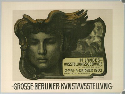 Ein Plakat mit einer Frau mit friedlichem Gesichtsausdruck, geschlossenen Augen und einem weißen Kleid mit einem blauen Schal, umgeben von dem Text "Große Berliner KVNSTAVSSTELLVING".