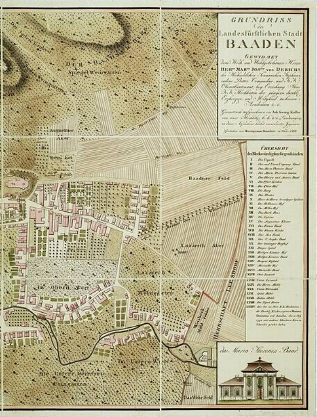 Alte detaillierte Karte von Baden-Württemberg, Deutschland, mit Straßen, Gebäuden und Sehenswürdigkeiten, mit einem Gebäude in der rechten unteren Ecke.