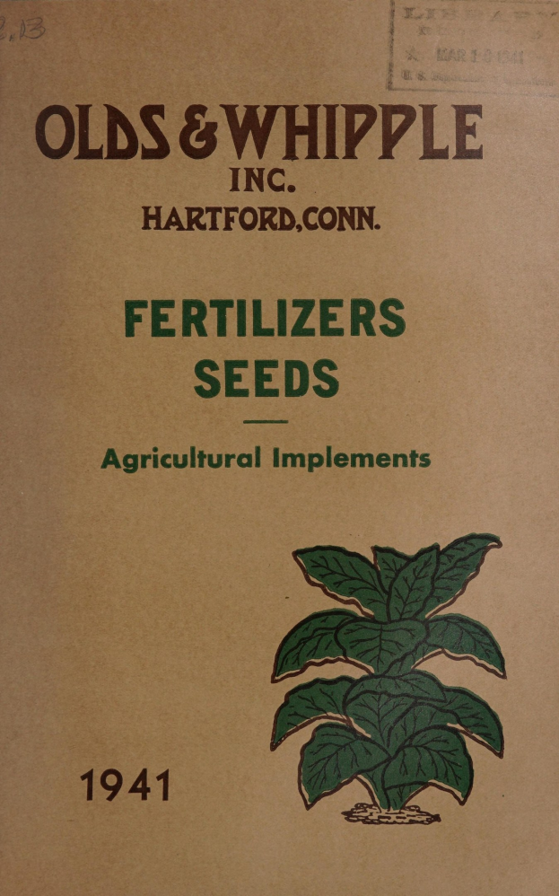 Altes Buchcover aus dem Jahr 1941 mit dem Titel "Fertilizers Seeds Agricultural Implements" mit einer Illustration einer grünen Pflanze mit Blättern und Stielen.