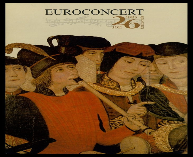 Plakat für das European Concert 26 mit einer Gruppe von Musikern, die Instrumente spielen, und Veranstaltungstext.