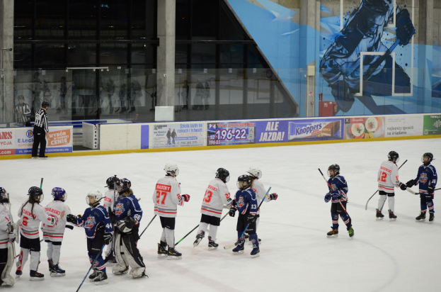 Gruppe junger Menschen, die Eisockey auf einer Indoor-Eisbahn spielen, mit Helmen und Stöcken, einer Person auf der linken Seite und Bannern, Säulen und Glaswänden im Hintergrund.