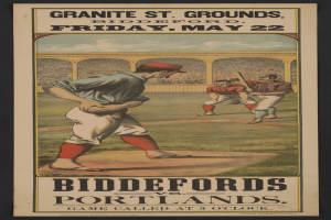 Ein Plakat, das ein Baseballspiel zwischen Biddeford und Portland ankündigt, zeigt einen Mann in Baseballuniform mit entschlossener Miene.
