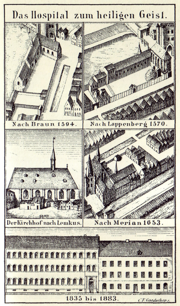Detailgenauer Entwurf eines deutschen Krankenhausgebäudes mit umliegenden Strukturen und informativem Text auf einem Plakat.