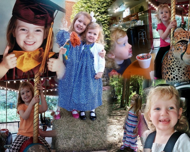 Collage mit lustigen Fahrgeschäften, Kindern, einem Tisch mit Lebensmitteln, Besteck, Lichtern, Außenbereichen wie Büschen, Bäumen, Gras und einem Seil sowie einem Hut.