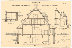 Ein detailliertes architektonisches Zeichnung eines Hauses mit zahlreichen Fenstern und einem Dach, das als erstes Haus in Deutschland gilt, zusammen mit Bauplänen und Text auf Papier.