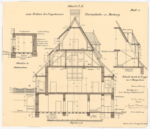 Ein detailliertes architektonisches Zeichnung eines Hauses mit zahlreichen Fenstern und einem Dach, das als erstes Haus in Deutschland gilt, zusammen mit Bauplänen und Text auf Papier.