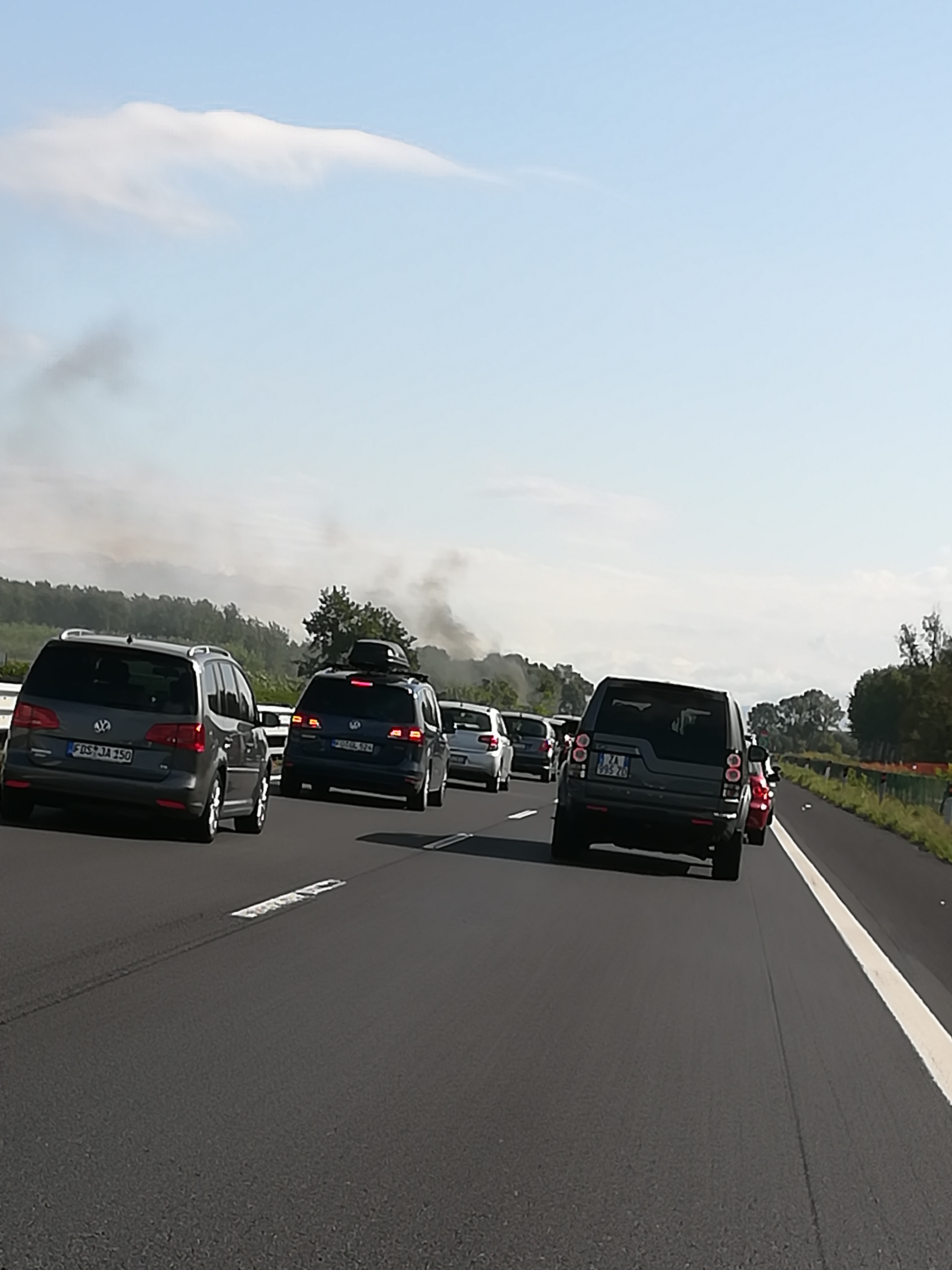 Eine Gruppe von Autos fährt auf einer Autobahn mit einem Feuer im Hintergrund, Bäume säumen die Seiten der Straße und ein Auto mit einem Rad in der Mitte der Gruppe im Vordergrund.