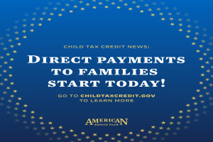 Plakat Ankündigung "Direkte Zahlungen an Familien beginnen jetzt" mit einem sternförmigen Rahmen.