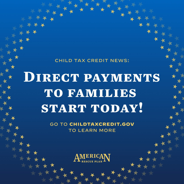 Plakat Ankündigung "Direkte Zahlungen an Familien beginnen jetzt" mit einem sternförmigen Rahmen.