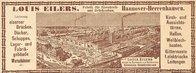 Eine alte Werbung mit einem Bild der Louis Eilers Hannover-Herrenhausen-Fabrik und darauf geschriebenem Text.