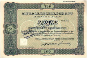 Alte deutsche 100 Reichsmark-Banknote von 1933 mit "Metallgesellschaft Aktie" darauf gedruckt.