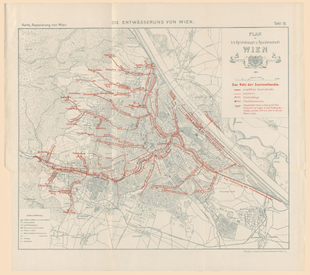 Alte Karte von Wien, Deutschland mit roten Bahnlinien auf Papier gedruckt mit Text.