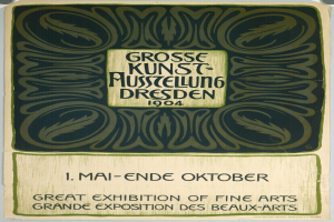 Plakat für die Große Kunstausstellung von 1904 in Dresden, Deutschland, mit fettem Text, der das Ereignis ankündigt.