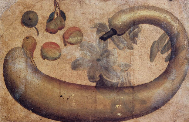 Gemälde einer Banane mit einer Blume darauf, umgeben von verschiedenen Früchten und Blättern auf einem Papier mit leuchtenden Farben und deutlichen Details.