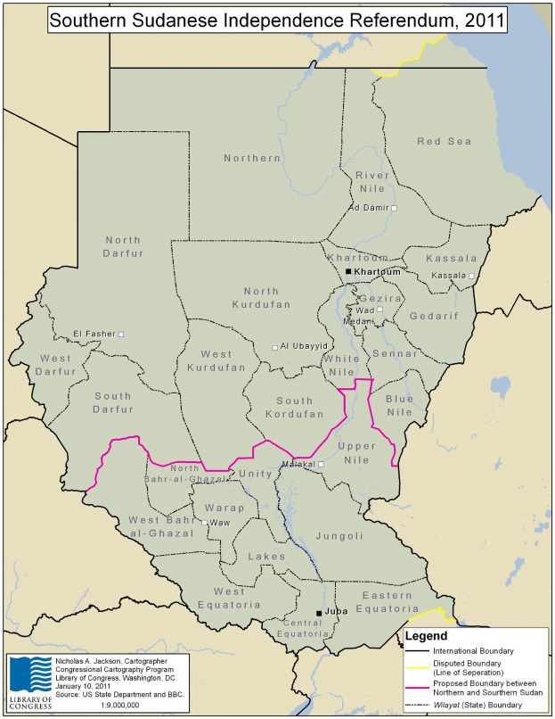 Ein buntes Landkartenplakat der 2011er Volksabstimmung in Südsudan mit Symbolen und erklärendem Text.