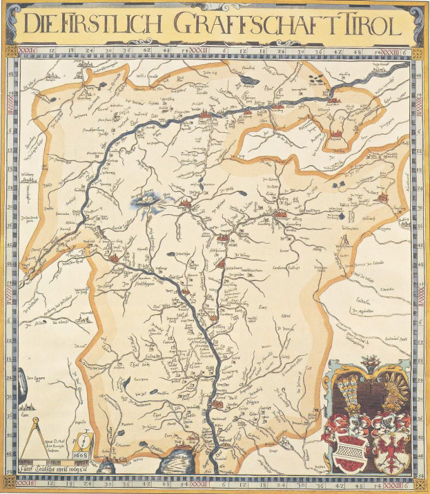 Ein detaillierter historischer Stadtplan der ersten Grafschaft Tirol, der geografische Merkmale wie Flüsse, Berge und Städte zeigt, begleitet von erklärendem Text.