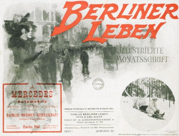 Werbung für ein Mercedes-Benz-Fahrzeug in Berlin, Deutschland, das Menschen, Bäume, Gebäude, Text und einen Stempel zeigt.