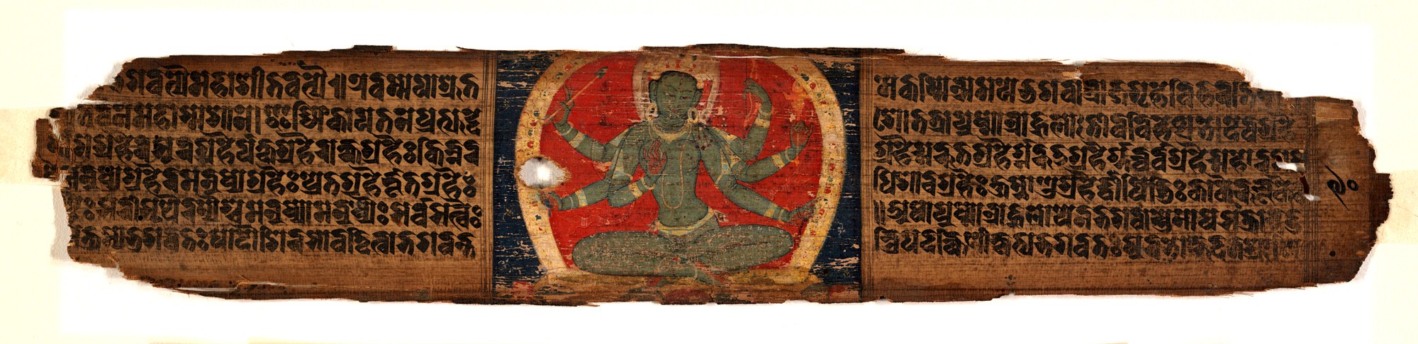 Gemälde eines friedlichen buddhistischen Gottes in traditioneller Robe, der einen Stab und ein Buch hält, mit kalligraphischer Schrift und dekorativem Rand auf Papier.