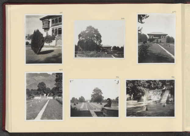 Offenes Buch mit einer Collage aus Schwarz-Weiß-Fotografien von Bäumen, Gebäuden und einem Brunnen, die um die Bäume angeordnet sind.