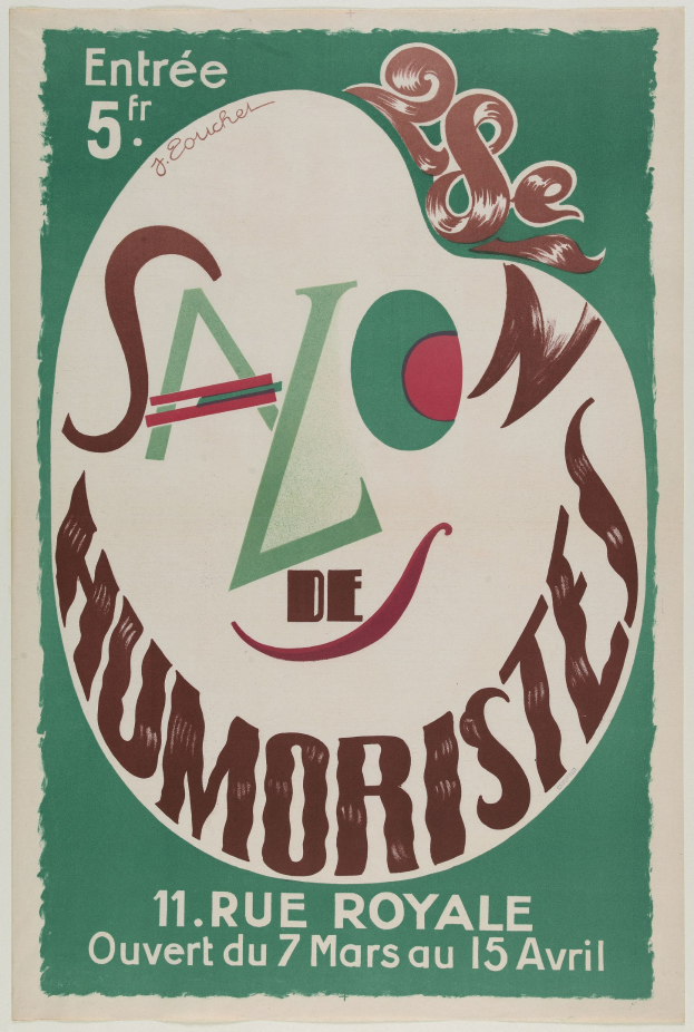 Plakat, das eine Humoristen-Salon-Veranstaltung in Paris, Frankreich, ankündigt und Text zu den Angeboten enthält.