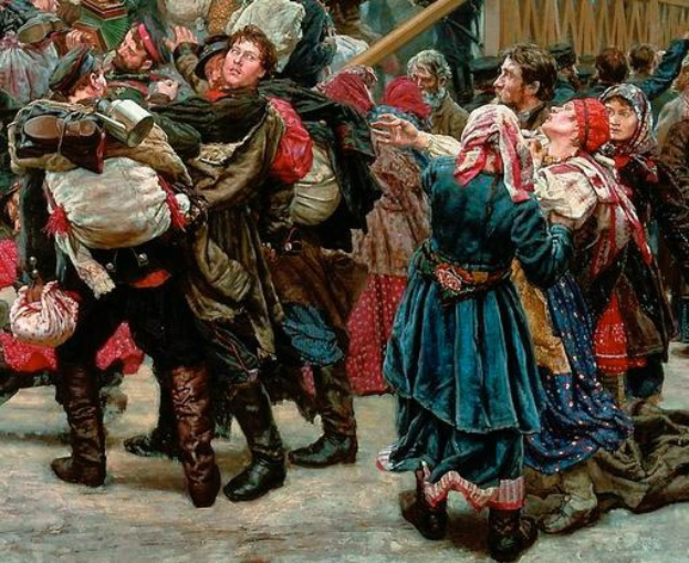 Gemälde, das eine lebendige Szene von Menschen zeigt, die in traditioneller russischer Kleidung während der russischen Revolution tanzen, mit einigen Gegenständen in der Hand, vor einem Holzhaus und einer Menge.