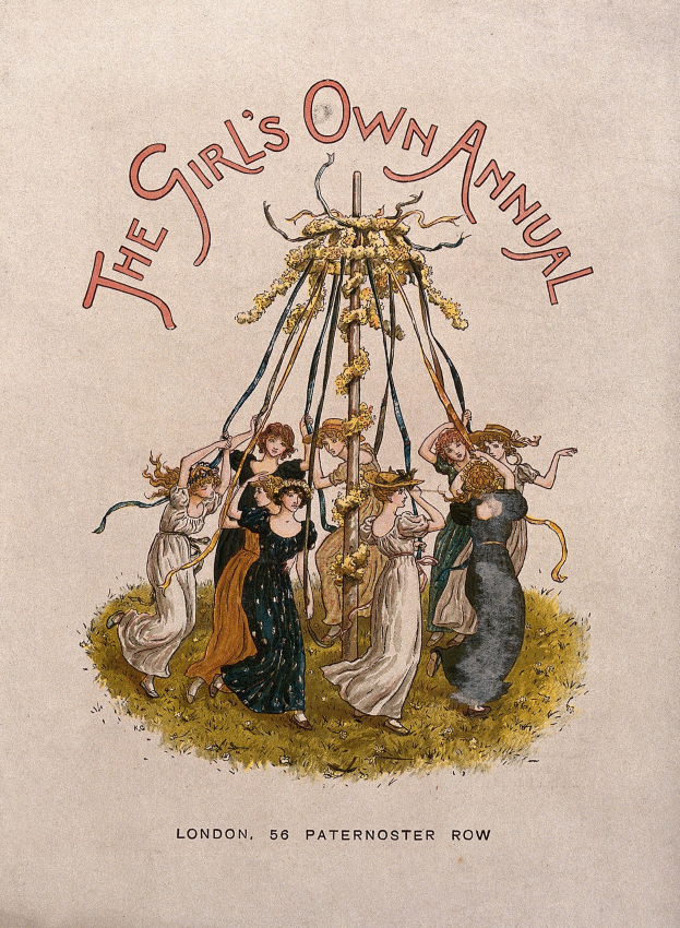 Illustration aus 'The Girl's Own Annual', die Menschen beim Tanzen um einen geschmückten Maibaum zeigt, die bunte Kleider und B├ädchen tragen.