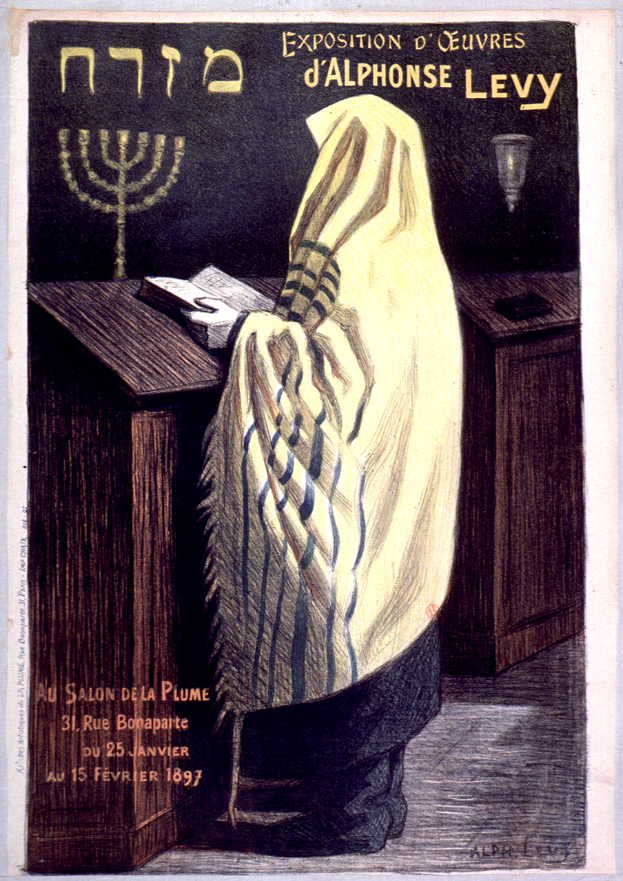 Plakat für eine jüdische Ausstellung in Paris, das eine Person vor einem Tisch mit einem Buch und einer Menora zeigt, sowie Ausstellungdetails.