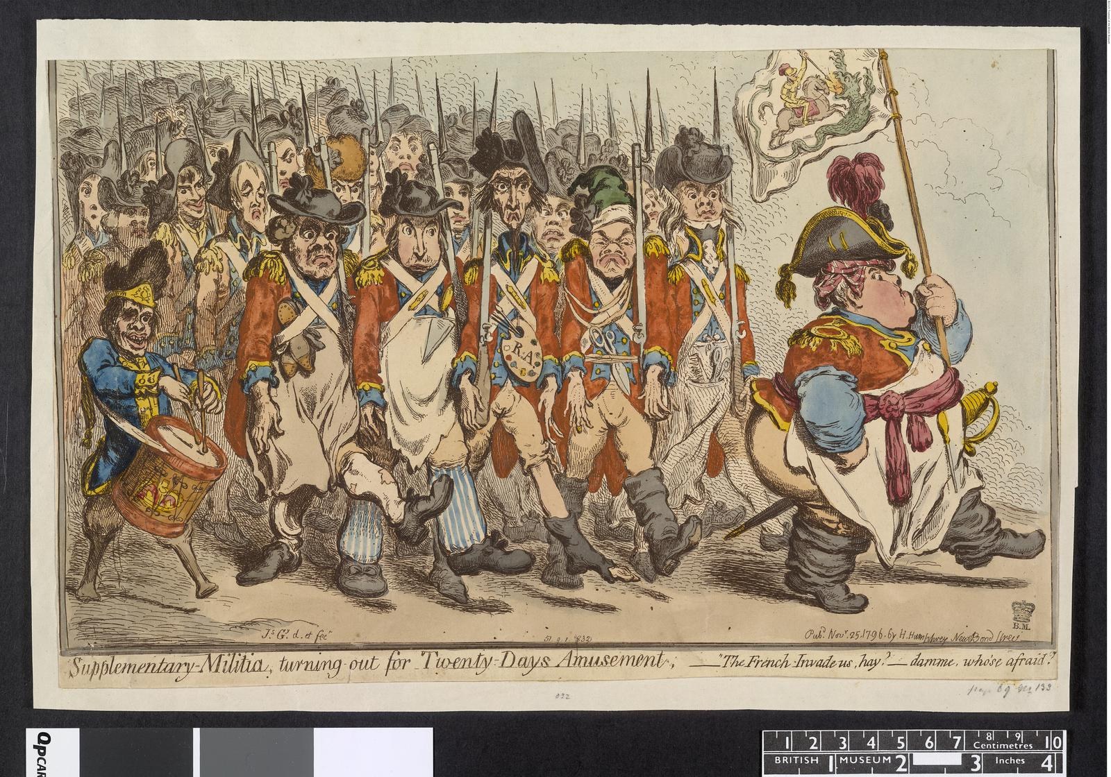 Gruppe von Männern in Militäruniformen marschiert auf einer Straße, einer hält einen Stock in der Hand, mit dem Text "Zusätzliche Miliz, zum 20-tägigen Vergnügen antretend" am unteren Rand.