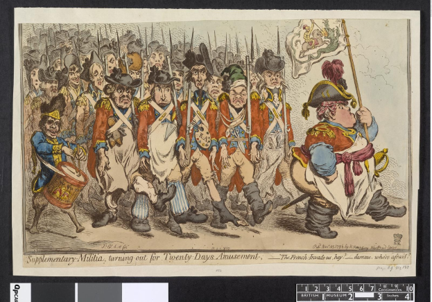 Gruppe von Männern in Militäruniformen marschiert auf einer Straße, einer hält einen Stock in der Hand, mit dem Text "Zusätzliche Miliz, zum 20-tägigen Vergnügen antretend" am unteren Rand.