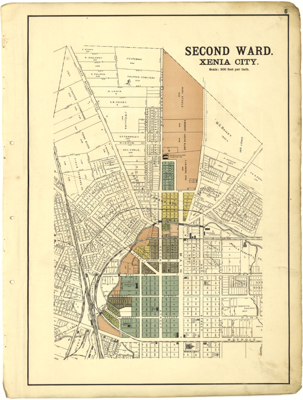 Schwarz-weiß-Karte des zweiten Wahlbezirks der Stadt Xenia, die Straßen, Gebäude und Sehenswürdigkeiten zeigt, mit Text oben und unten.
